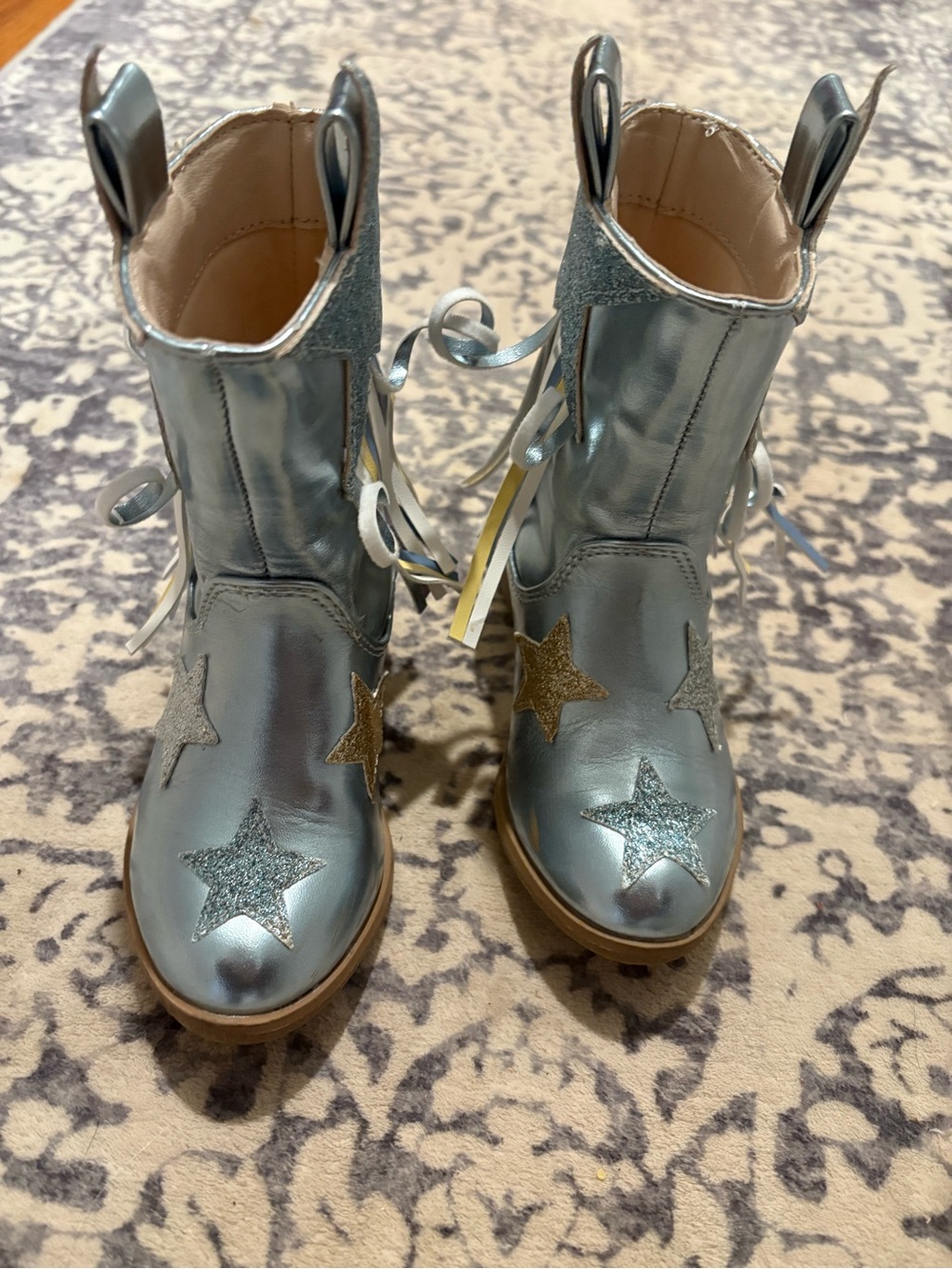 Blue Silver Kids Ankle Boots with Star Accent